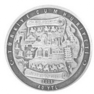 Аверс монеты Турция, 40 новых лир, 2008, Великий Шёлковый путь - Киргизия