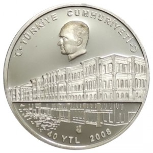 Аверс монеты Турция, 40 новых лир, 2008, 100 лет Средней школе Кабатас для мальчиков