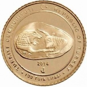 Аверс монеты Турция, 100 лир, 2014, Анатолийские цивилизации - Лидийцы