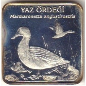 Реверс монеты Турция, 7.500.000 лир, 2001, Птицы - Мраморный чирок (Marmaronetta angustirostris)