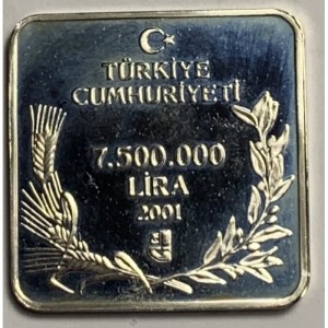 Аверс монеты Турция, 7.500.000 лир, 2001, Птицы - Турач (Francolinus francolinus)