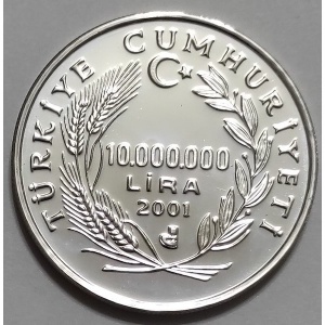 Аверс монеты Турция, 10.000.000 лир, 2001, XIX зимние Олимпийские Игры, Солт-Лейк-Сити 2002