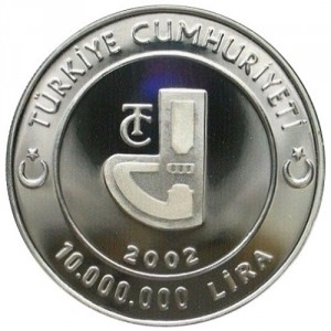 Аверс монеты Турция, 10.000.000 лир, 2002, 75 лет Турецкому радио