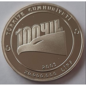 Аверс монеты Турция, 20.000.000 лир, 2003, 100 лет гимнастическому клубу Бешикташ