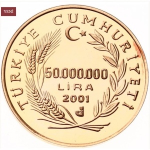 Аверс монеты Турция, 50.000.000 лир, 2001, Беркут /Aquila chrysaetos/