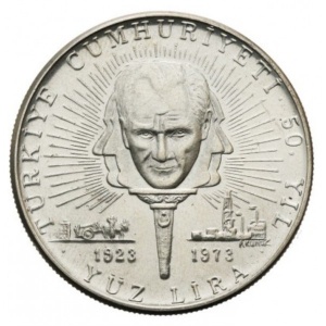 Аверс монеты Турция, 100 лир, 1973, 50 лет республике