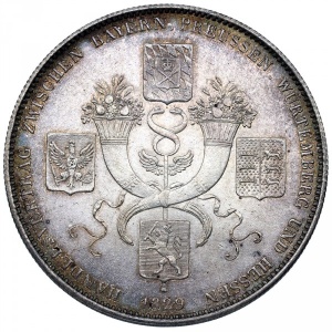 Реверс монеты Бавария, 1 талер, 1829, Коммерческий договор между Баварией, Пруссией, Гессеном и Вюртембергом