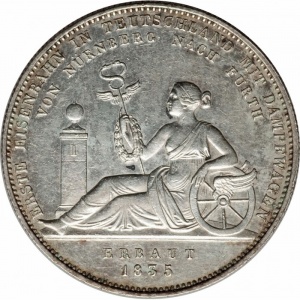 Реверс монеты Бавария, 1 талер, 1835, Строительство первой железной дороги
