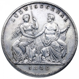 Реверс монеты Бавария, 2 талера, 1846, Завершение канала между Дунаем и Майном