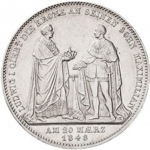 Реверс монеты Бавария, 2 талера, 1848, Отречение Людвига I в пользу Максимилиана
