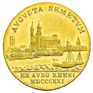 Реверс монеты Бавария, 1 дукат, 1821, Надпись на реверсе "EX AVRO RHEINI".