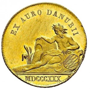 Реверс монеты Бавария, 1 дукат, 1830, Надпись на реверсе «EX GOLD OF THE DUNUBE».