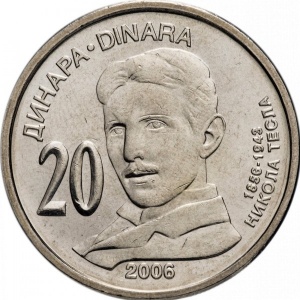 Реверс монеты Сербия, 20 динаров, 2006, 150 лет со дня рождения Николы Теслы
