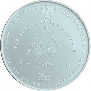 Аверс монеты Сербия, 100 динаров, 2023, Никола Тесла - Тайна Вселенной