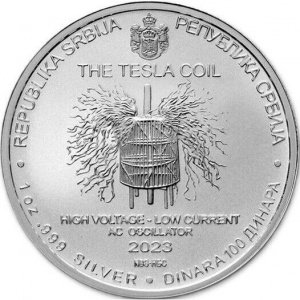 Аверс монеты Сербия, 100 динаров, 2023, Никола Тесла - Катушка Теслы