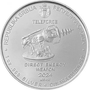Аверс монеты Сербия, 100 динаров, 2024, Никола Тесла - "Teleforce" энергетическое оружие прямого действия