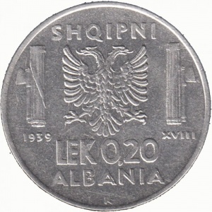 Реверс монеты Албания, 0.2 лек, 1939