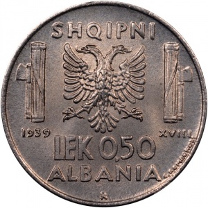 Реверс монеты Албания, 0.5 лек, 1939-1941