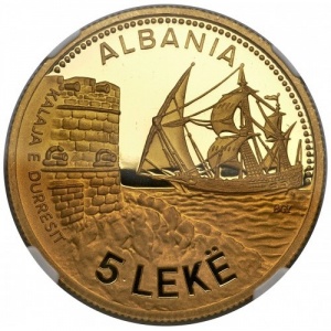 Реверс монеты Албания, 5 леков, 1987, Морской порт Дураццо