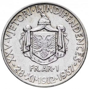 Реверс монеты Албания, 1 франг ар, 1937, 25 лет Независимости