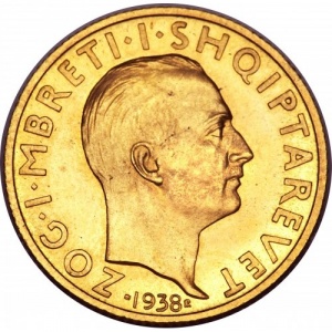 Аверс монеты Албания, 20 франга ари, 1938, 10 лет правлению Короля Зогу I