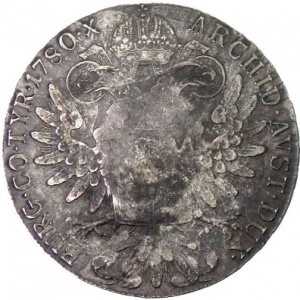 Реверс монеты Йемен, 1 риал, 1880, Перечекан на 1 талере Австрии (1780)
