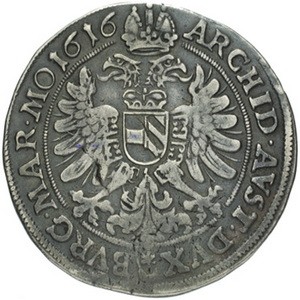 Реверс монеты Богемия, ¼ талера, 1613-1618, Отметка МД "полумесяц и звезда" - Прага