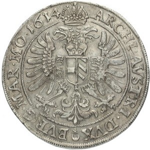 Реверс монеты Богемия, ½ талера, 1613-1619, Отметка МД "полумесяц и звезда" - Прага