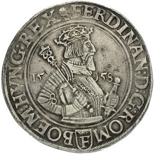 Аверс монеты Богемия, 1 талер, 1558-1561, Отметка МД "корон. F" - Прага
