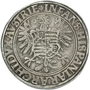 Реверс монеты Богемия, 1 талер, 1558-1561, Отметка МД "корон. F" - Прага