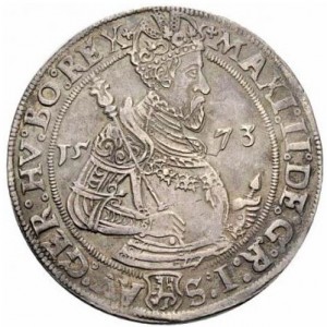 Аверс монеты Богемия, 1 талер, 1573-1576, Отметка МД "голова козла" - Иоахимсталь