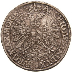 Реверс монеты Богемия, 1 талер, 1603-1611, Отметка МД "собачья голова" - Будеёвице