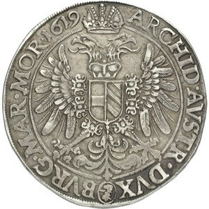Реверс монеты Богемия, 1 талер, 1613-1619, Отметка МД "голова льва" - Иоахимсталь