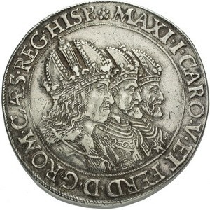 Реверс монеты Богемия, 2 талера, 1612, Три императора /бюст Матиаса на реверсе/