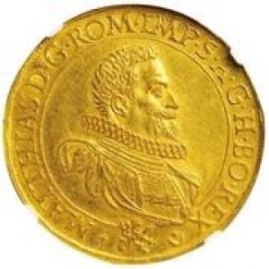 Аверс монеты Богемия, 10 дукатов, 1612, Три императора /бюст на аверсе/