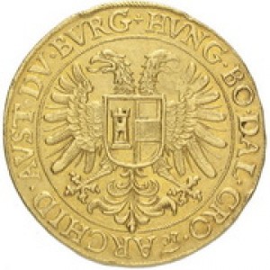 Аверс монеты Богемия, 10 дукатов, 1612, Три императора /орел на аверсе/