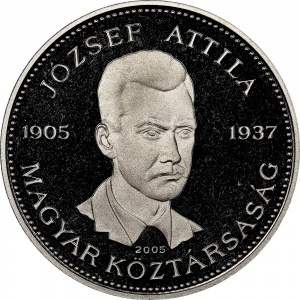 Аверс монеты Венгрия, 10 форинтов, 2005, 100 лет со дня рождения Аттилы Йожефа