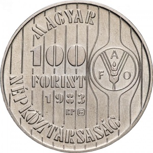 Аверс монеты Венгрия, 100 форинтов, 1983, ФАО