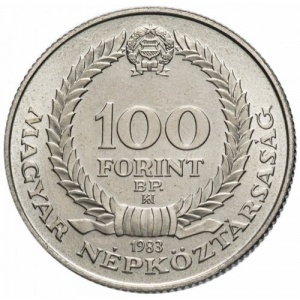 Аверс монеты Венгрия, 100 форинтов, 1983, 100 лет со дня рождения Белы Цобеля