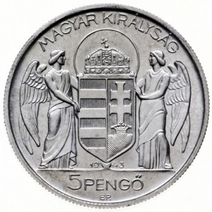 Аверс монеты Венгрия, 5 пенгё, 1943, 75 лет со дня рождения Адмирала Хорти