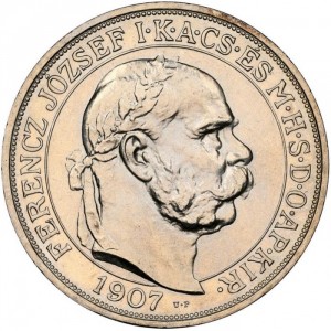 Аверс монеты Венгрия, 5 крон, 1907, 40 лет со дня коронации Франца Иосифа I