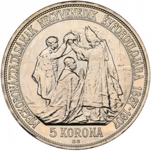Реверс монеты Венгрия, 5 крон, 1907, 40 лет со дня коронации Франца Иосифа I
