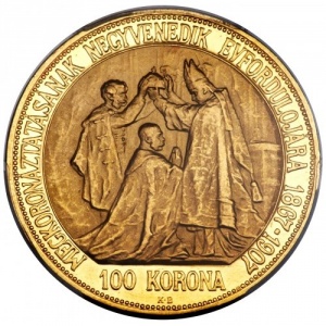 Реверс монеты Венгрия, 100 крон, 1907, 40 лет со дня коронации Франца Иосифа I