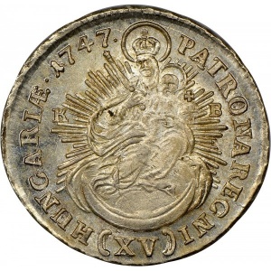 Реверс монеты Венгрия, 15 крейцеров, 1747-1750, Отметка монетного двора "KB" - Кремница