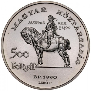 Аверс монеты Венгрия, 500 форинтов, 1990, 500 лет со дня смерти Матьяша I /Матьяш и Беатрикс/