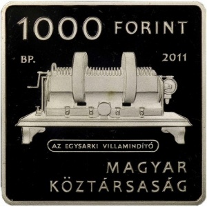Аверс монеты Венгрия, 1000 форинтов, 2011, Аньош Йедлик - изобретатель динамо-машины