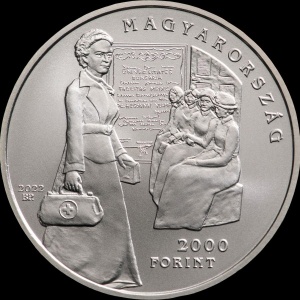 Аверс монеты Венгрия, 2000 форинтов, 2022, 100 со дня смерти Вильмы Хьюгоннаи