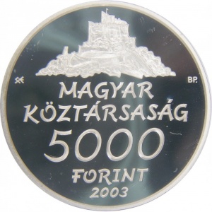 Аверс монеты Венгрия, 5000 форинтов, 2003, Объект Всемирного наследия ЮНЕСКО - Старая деревня Холлокё