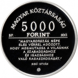 Аверс монеты Венгрия, 5000 форинтов, 2011, 100 лет со дня рождения Иштвана Бибо