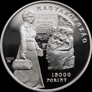 Аверс монеты Венгрия, 15.000 форинтов, 2022, 100 со дня смерти Вильмы Хьюгоннаи
